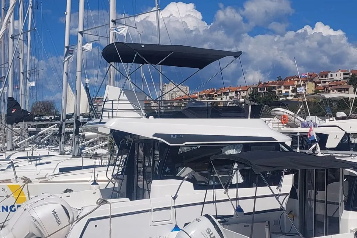 Exterior view of Sea King, a Jeanneau Merry Fisher 1095 Fly motorboat at Pula, Croatia