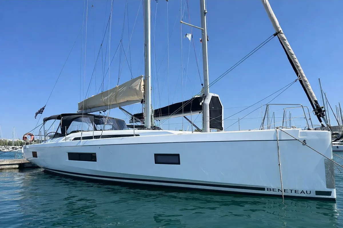 Exterior view of Velvet Dice, a Beneteau Oceanis 51.1 sailboat at Athens, Greece