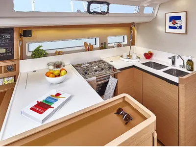Galley of Innovation, a Jeanneau Sun Odyssey 440 sailboat at Portimão, Portugal