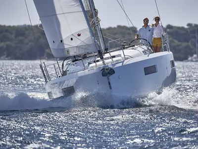 Exterior view of Innovation, a Jeanneau Sun Odyssey 440 sailboat at Portimão, Portugal