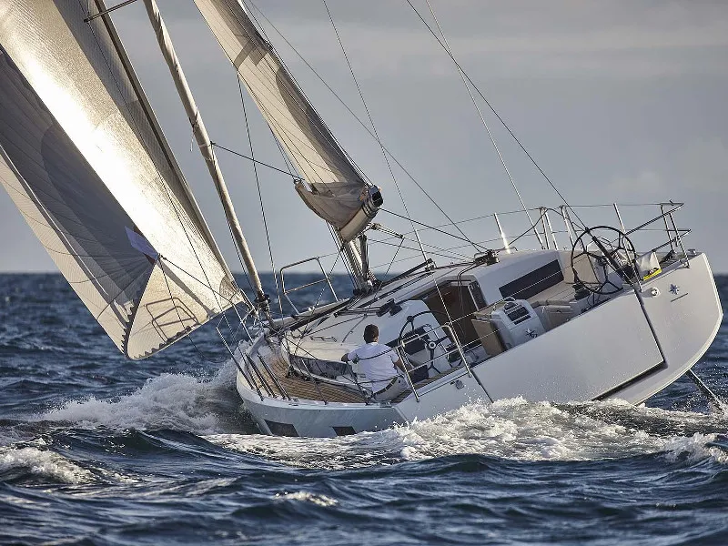 Exterior view of Innovation, a Jeanneau Sun Odyssey 440 sailboat at Portimão, Portugal