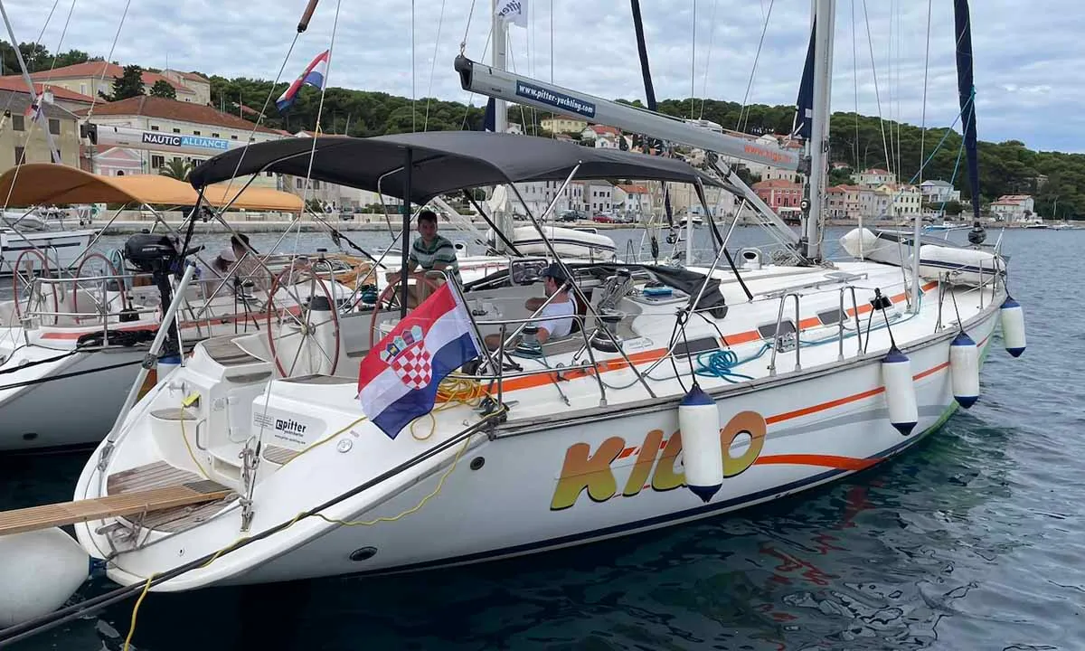 Exterior view of Kigo, a Bavaria 49 sailboat at Grad Rijeka, Croatia