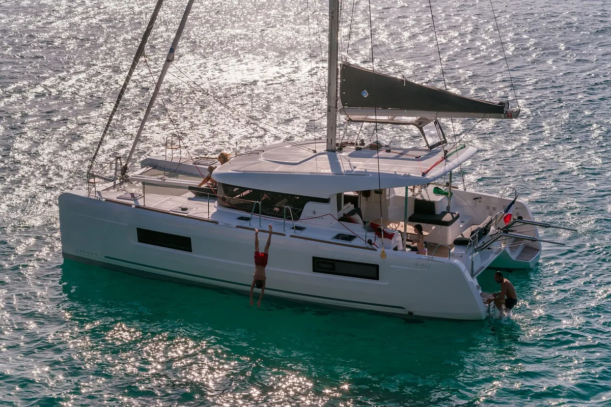 Exterior view of Pussycat, a Lagoon 40 catamaran at Grad Kaštela, Croatia