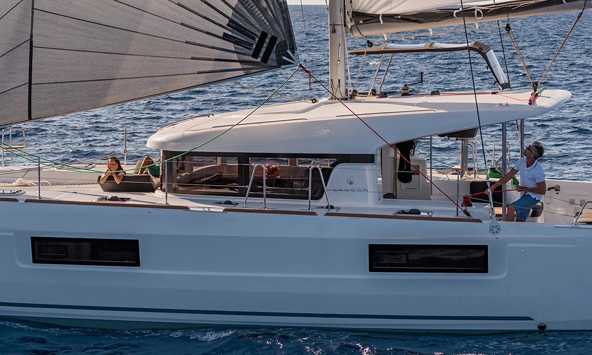 Exterior view of Pussycat, a Lagoon 40 catamaran at Grad Kaštela, Croatia