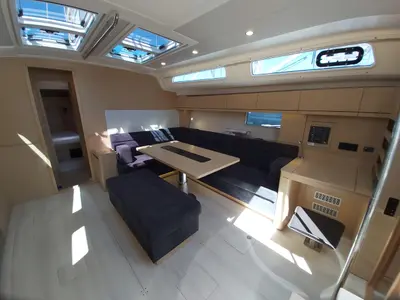 Salon of Andromeda, a Hanse 508 sailboat at Lavrion, Greece