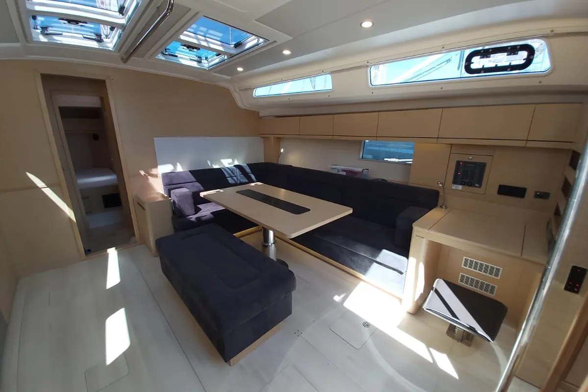 Salon of Andromeda, a Hanse 508 sailboat at Lavrion, Greece