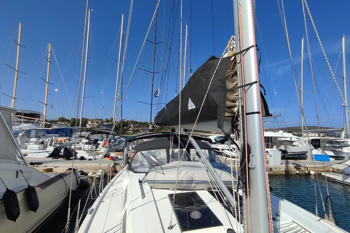Exterior view of Andromeda, a Hanse 508 sailboat at Lavrion, Greece