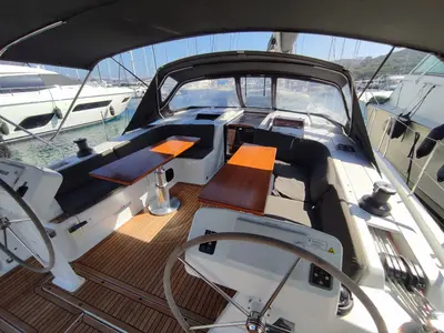 Cockpit of Andromeda, a Hanse 508 sailboat at Lavrion, Greece