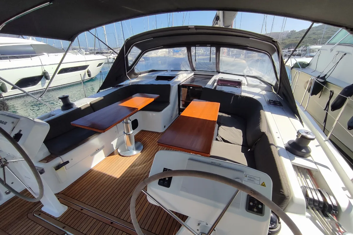 Cockpit of Andromeda, a Hanse 508 sailboat at Lavrion, Greece