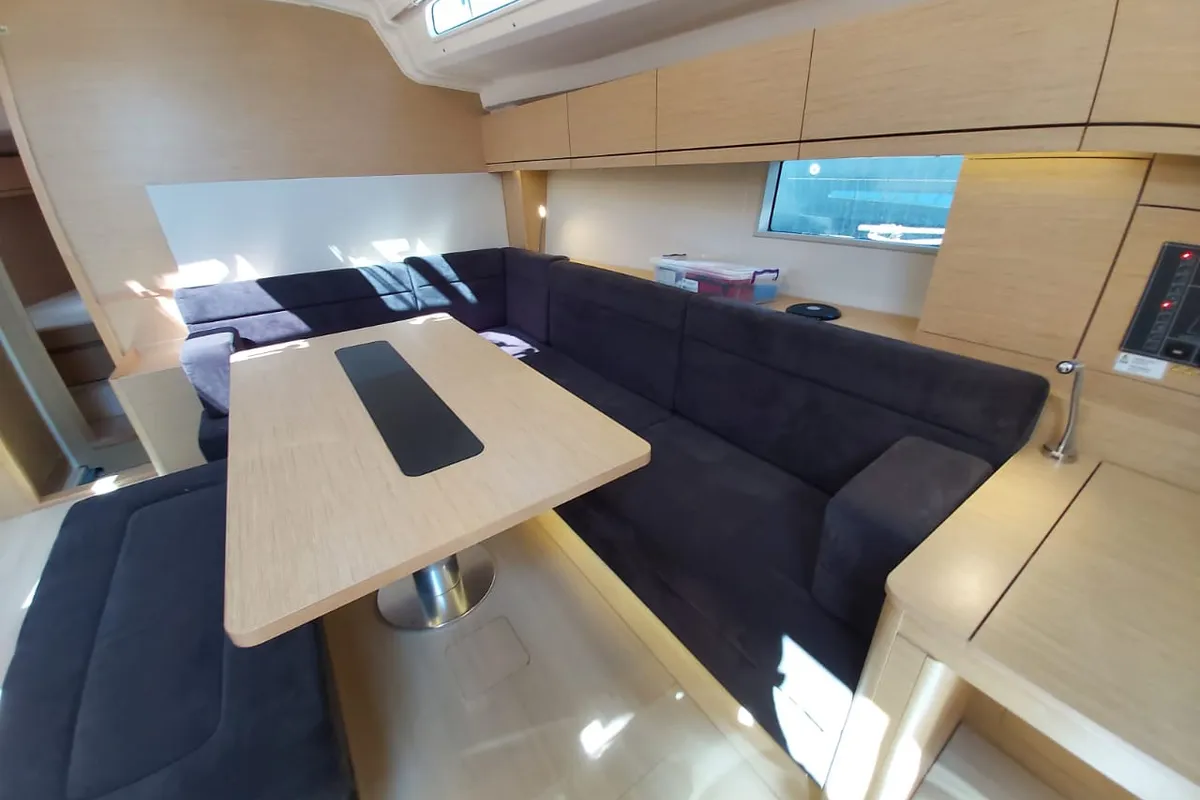 Salon of Andromeda, a Hanse 508 sailboat at Lavrion, Greece