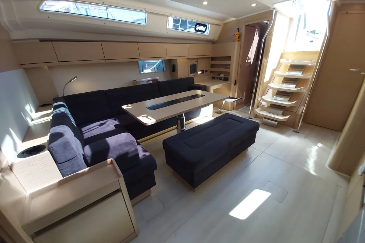 Salon of Andromeda, a Hanse 508 sailboat at Lavrion, Greece