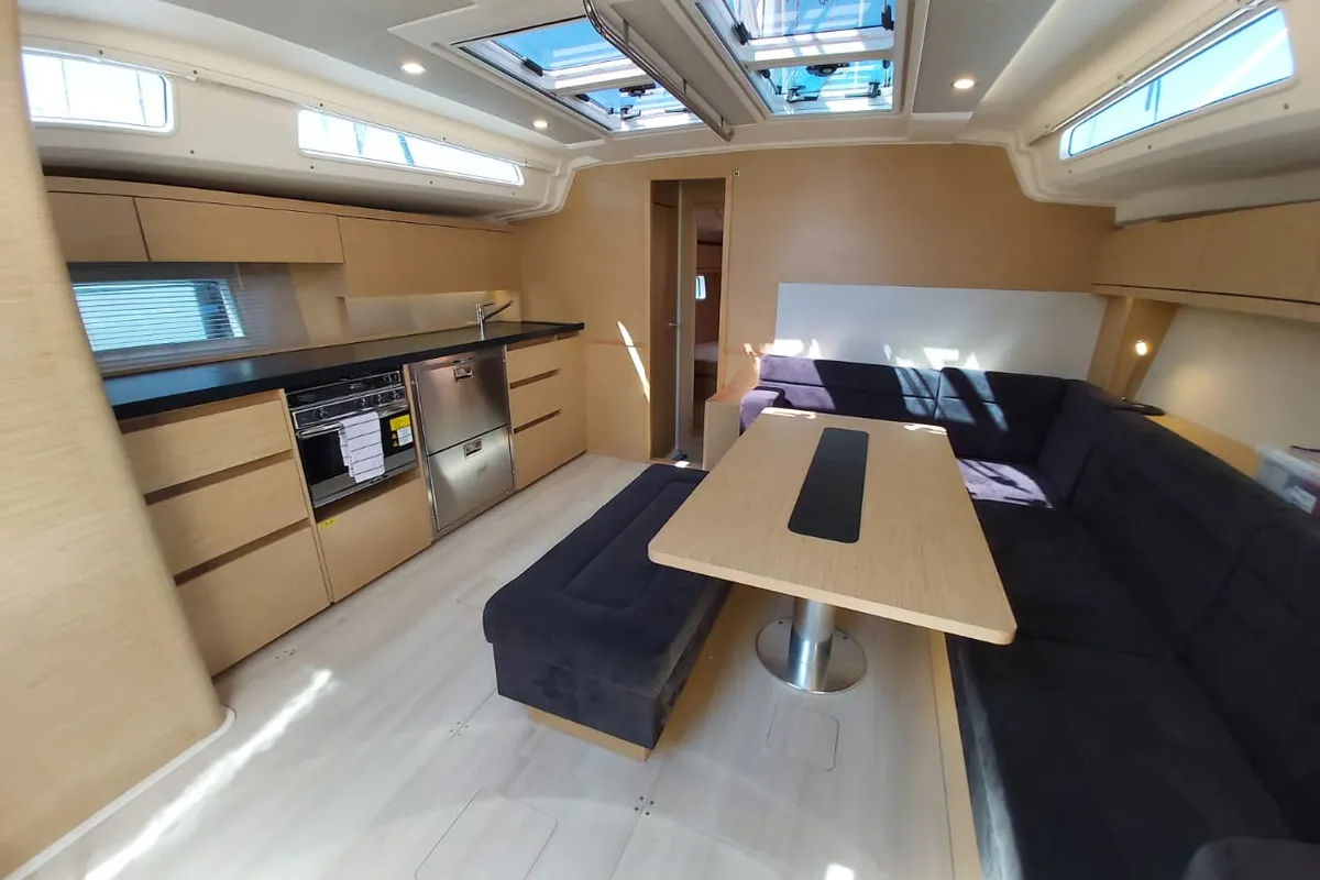 Salon of Andromeda, a Hanse 508 sailboat at Lavrion, Greece