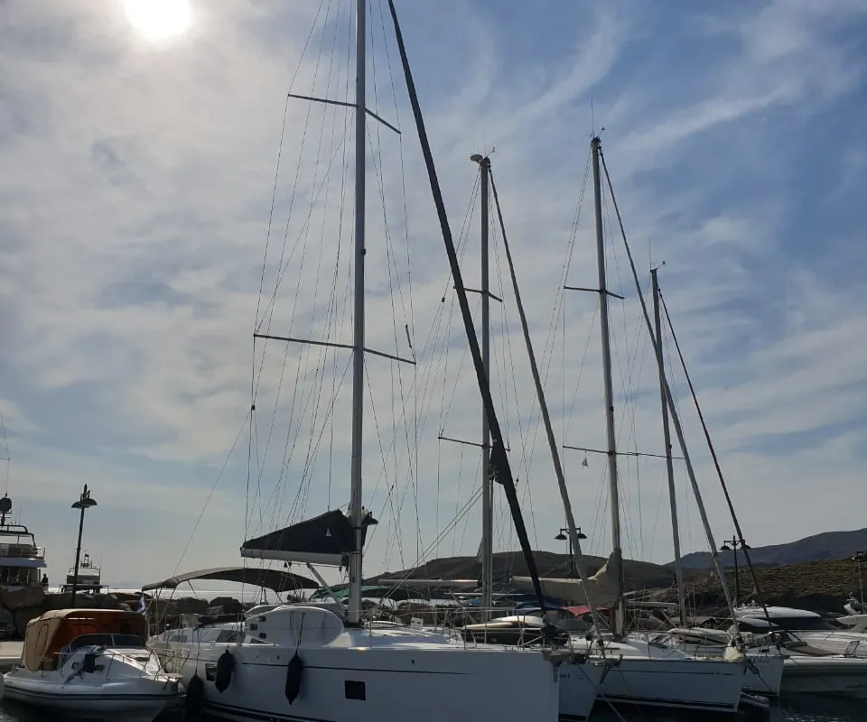 Exterior view of Andromeda, a Hanse 508 sailboat at Lavrion, Greece