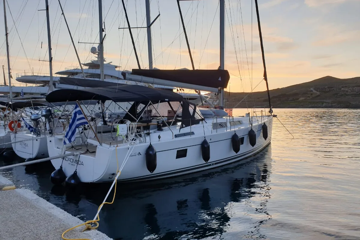 Exterior view of Andromeda, a Hanse 508 sailboat at Lavrion, Greece