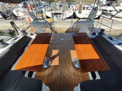 Deck of Andromeda, a Hanse 508 sailboat at Lavrion, Greece