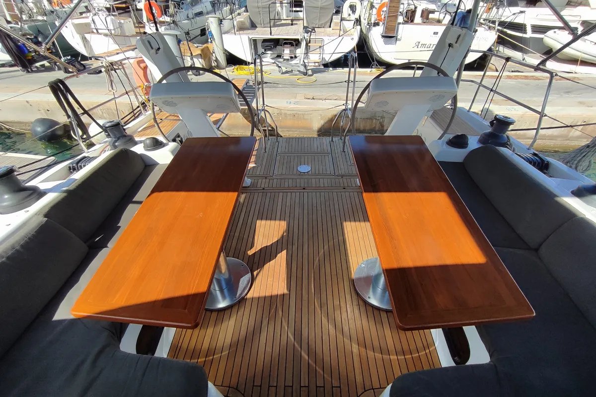 Deck of Andromeda, a Hanse 508 sailboat at Lavrion, Greece