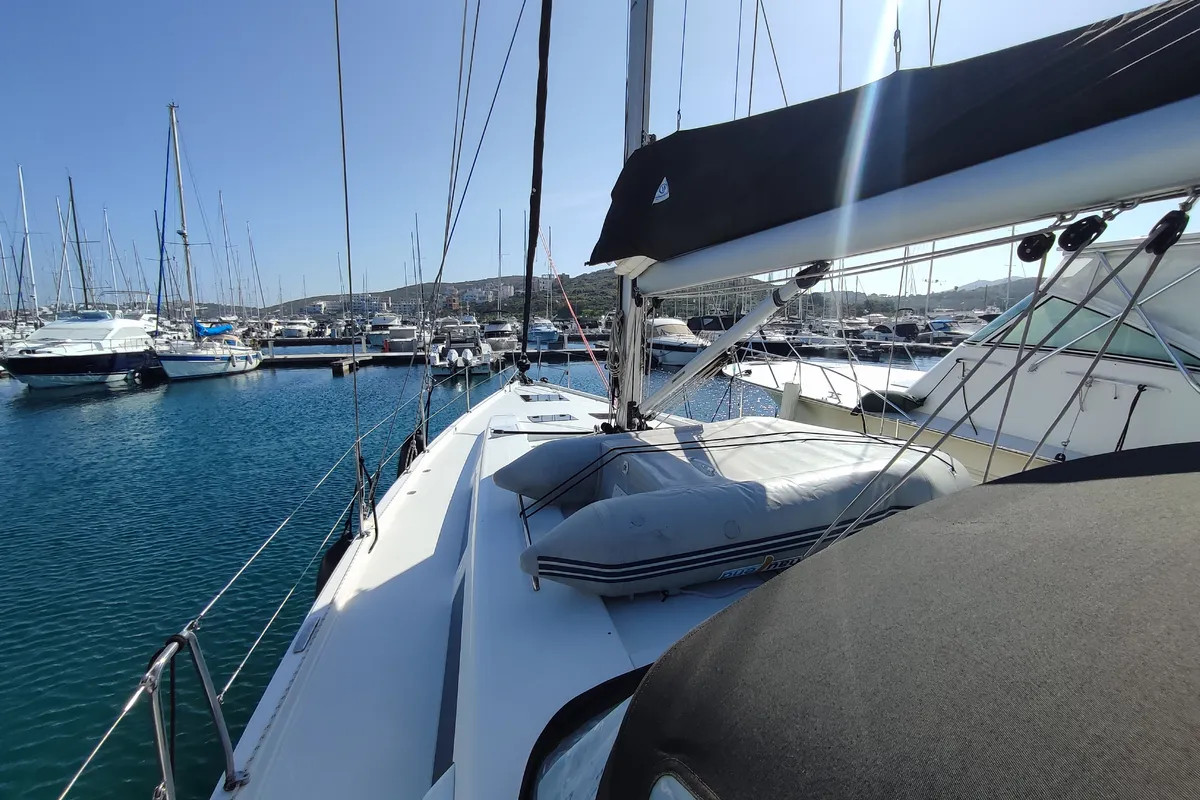 Exterior view of Andromeda, a Hanse 508 sailboat at Lavrion, Greece