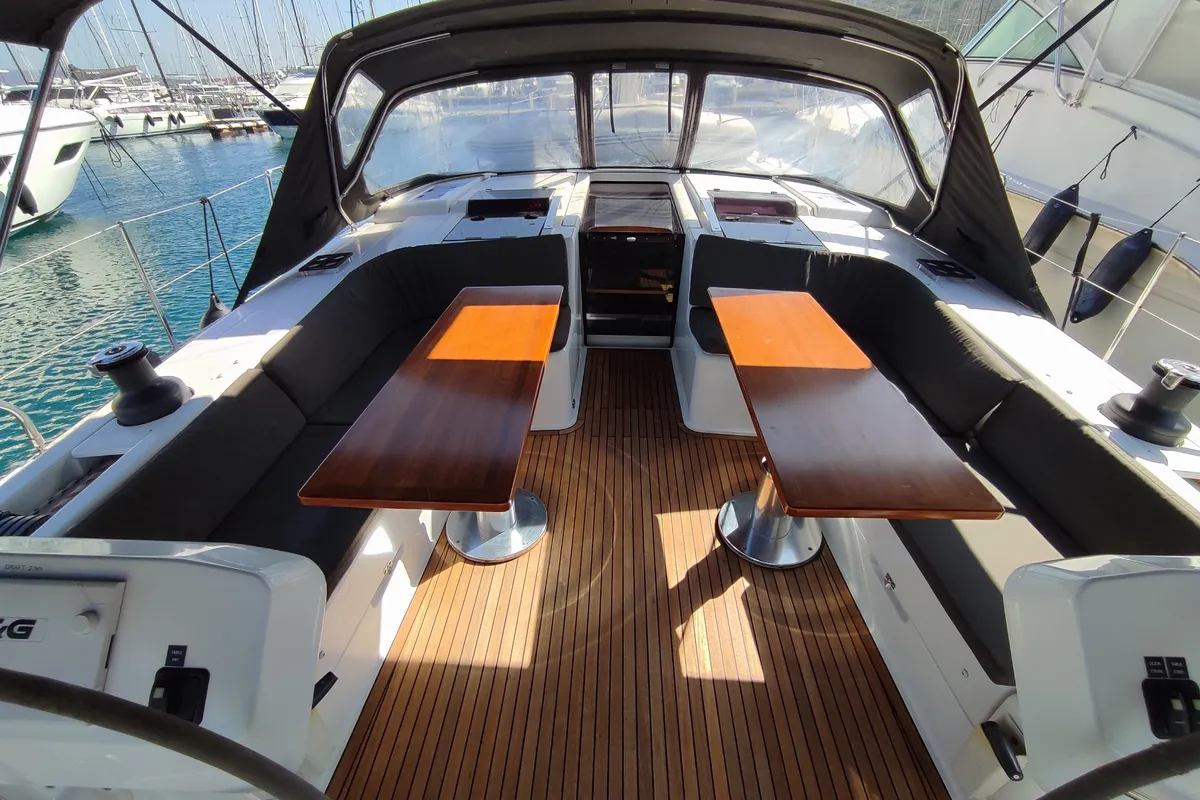 Cockpit of Andromeda, a Hanse 508 sailboat at Lavrion, Greece