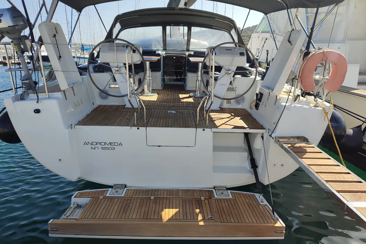 Exterior view of Andromeda, a Hanse 508 sailboat at Lavrion, Greece