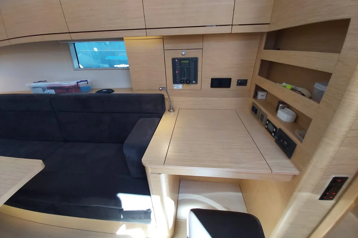 Salon of Andromeda, a Hanse 508 sailboat at Lavrion, Greece
