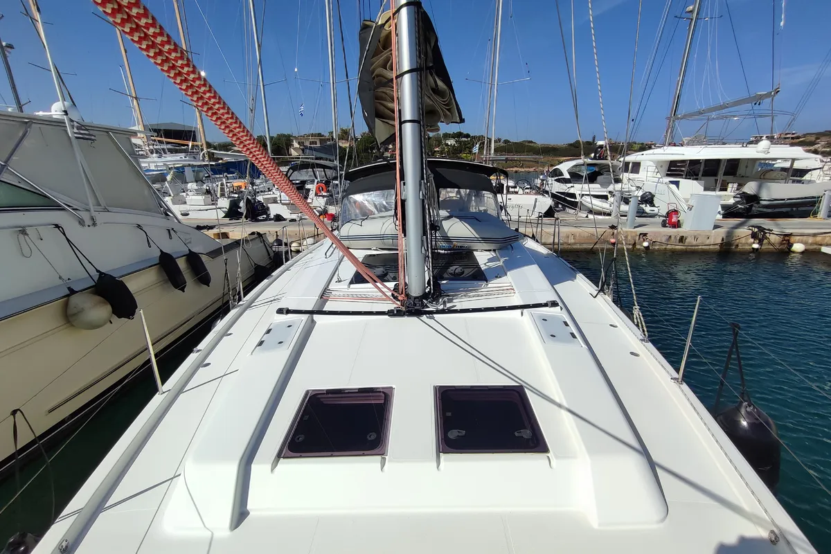 Deck of Andromeda, a Hanse 508 sailboat at Lavrion, Greece