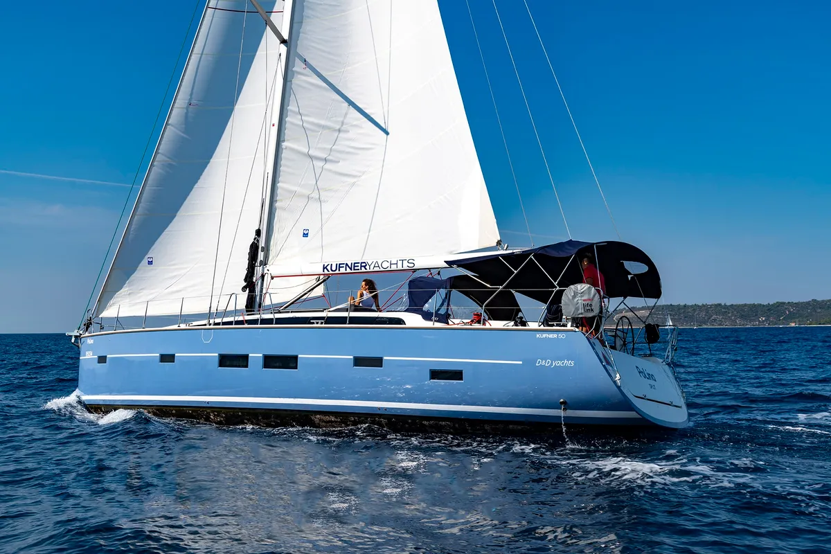 Exterior view of Dion, a D&D Kufner 50 sailboat at Marmaris, Turkey
