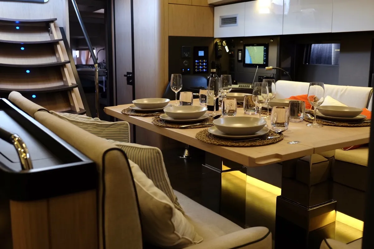 Salon of Premium +, a Beneteau Oceanis Yacht 62 sailboat at Rosignano Solvay, Italy