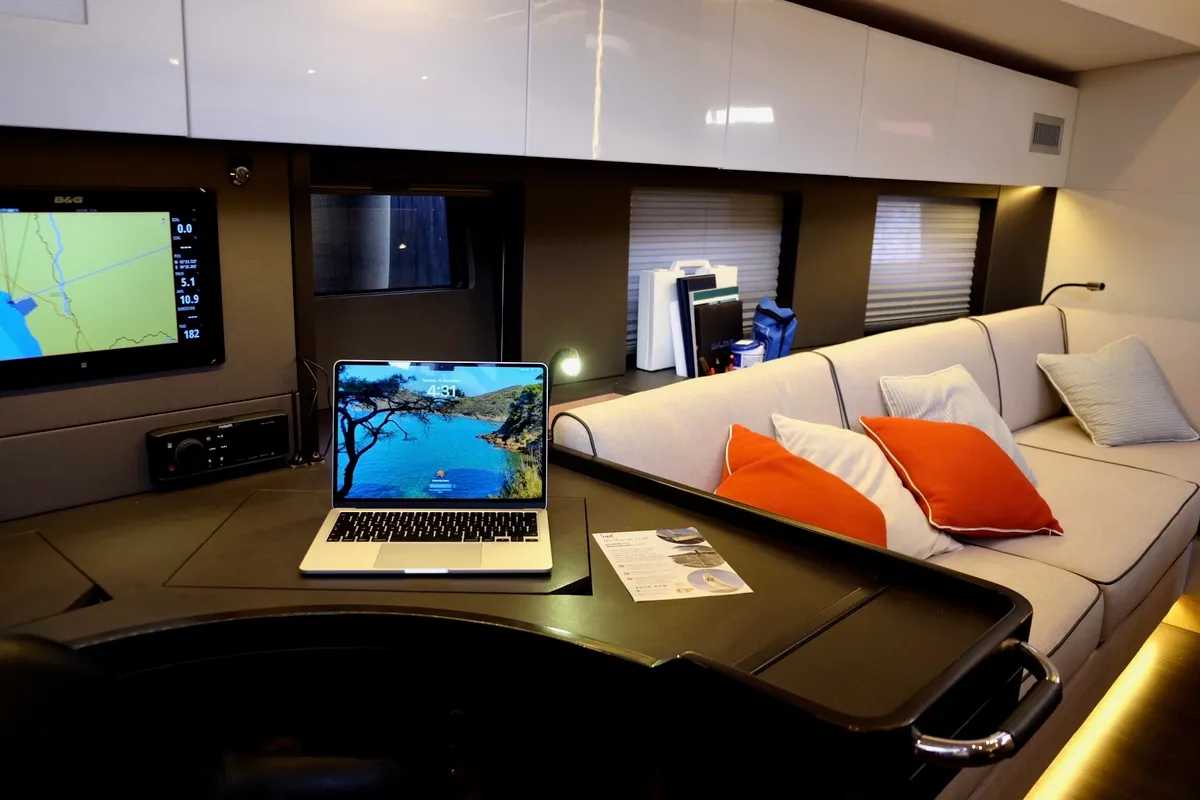 Salon of Premium +, a Beneteau Oceanis Yacht 62 sailboat at Rosignano Solvay, Italy