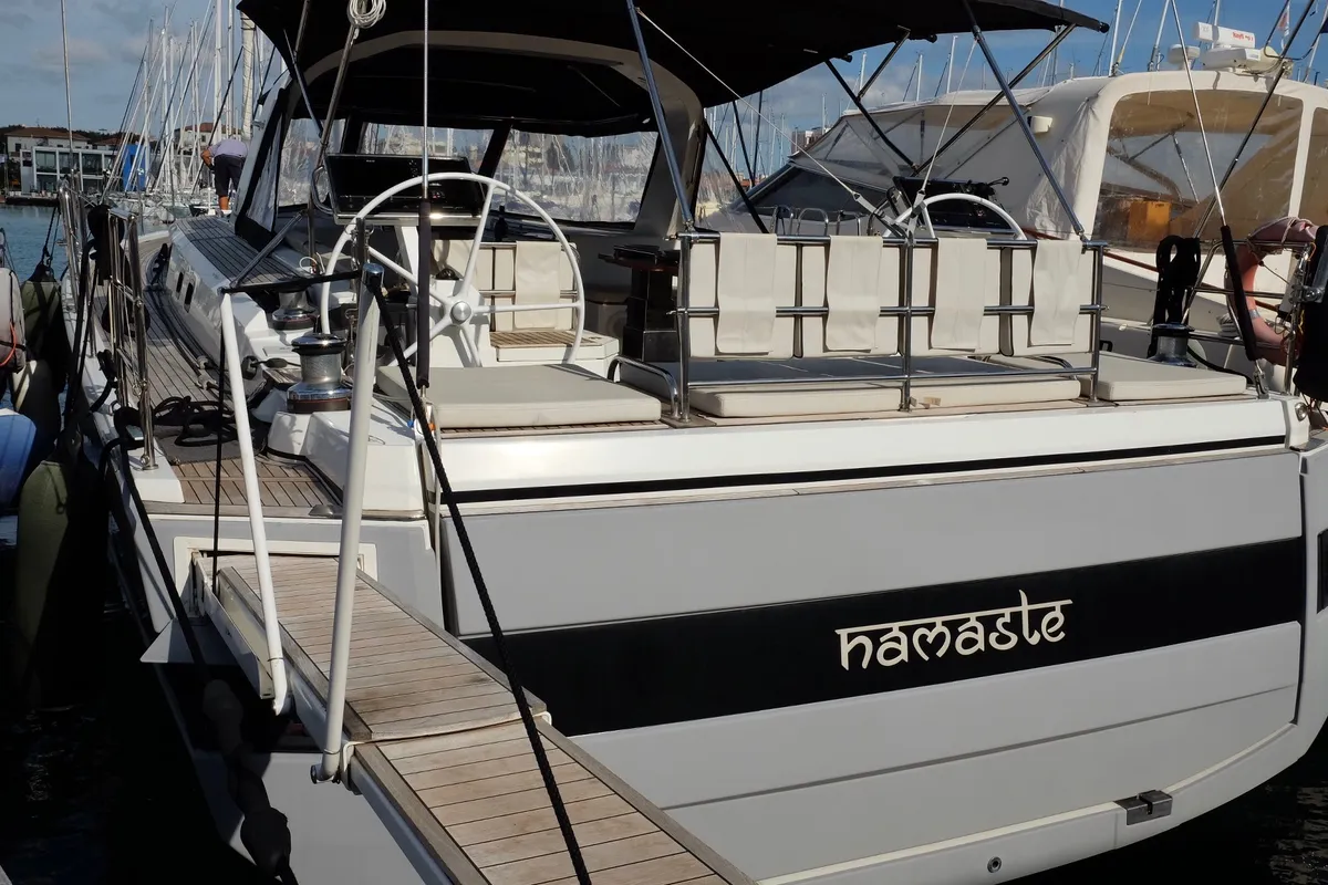 Exterior view of Premium +, a Beneteau Oceanis Yacht 62 sailboat at Rosignano Solvay, Italy