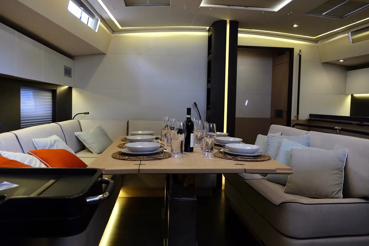 Salon of Premium +, a Beneteau Oceanis Yacht 62 sailboat at Rosignano Solvay, Italy