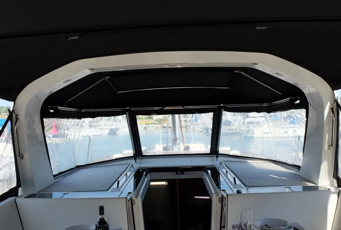 Deck of Premium +, a Beneteau Oceanis Yacht 62 sailboat at Rosignano Solvay, Italy