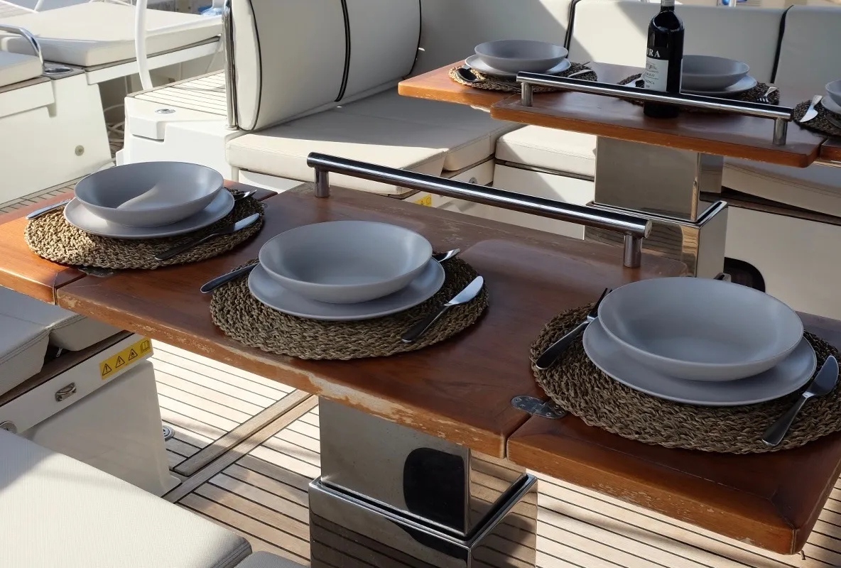 Deck of Premium +, a Beneteau Oceanis Yacht 62 sailboat at Rosignano Solvay, Italy
