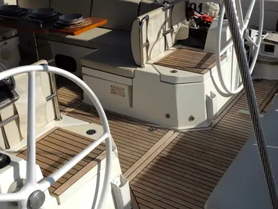 Cockpit of Premium +, a Beneteau Oceanis Yacht 62 sailboat at Rosignano Solvay, Italy