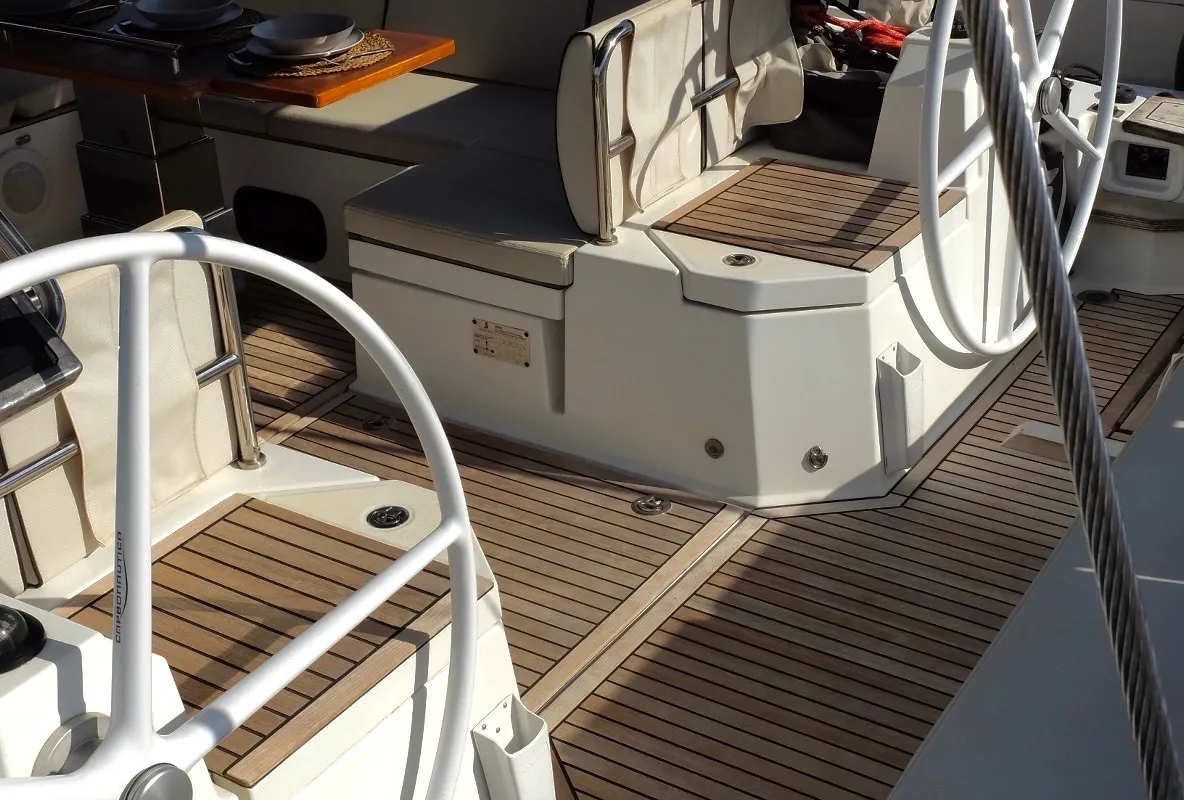 Cockpit of Premium +, a Beneteau Oceanis Yacht 62 sailboat at Rosignano Solvay, Italy