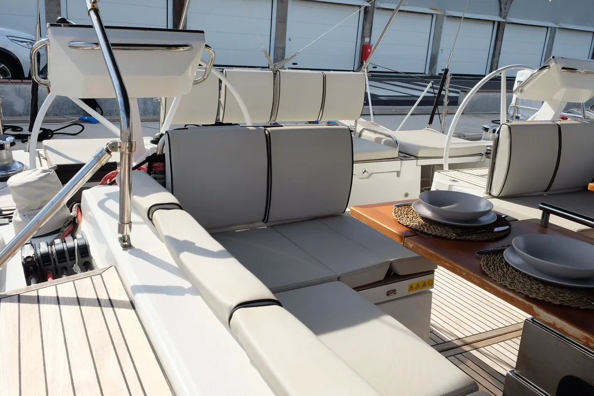 Deck of Premium +, a Beneteau Oceanis Yacht 62 sailboat at Rosignano Solvay, Italy