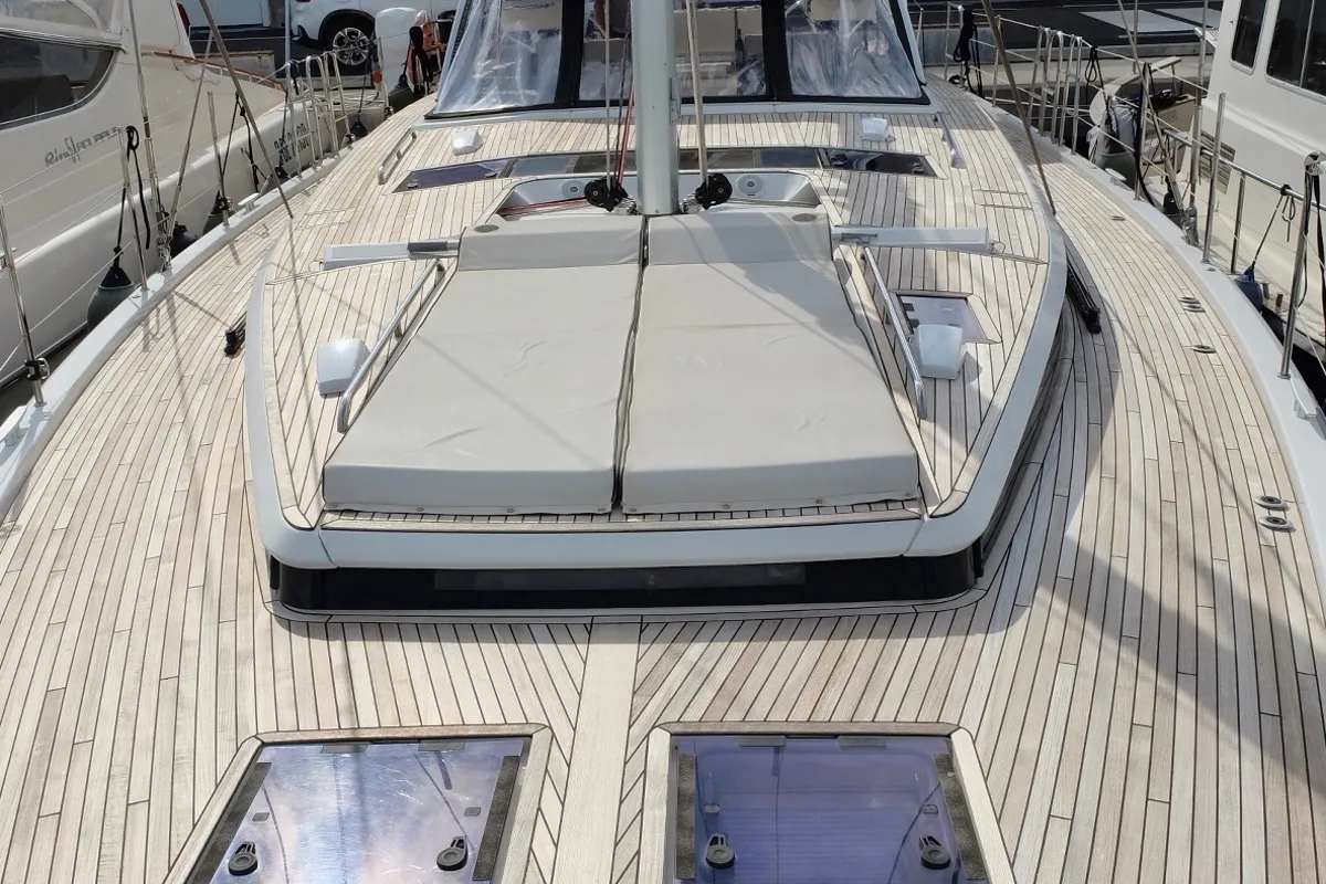 Deck of Premium +, a Beneteau Oceanis Yacht 62 sailboat at Rosignano Solvay, Italy