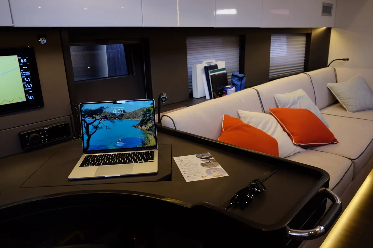 Salon of Premium +, a Beneteau Oceanis Yacht 62 sailboat at Rosignano Solvay, Italy