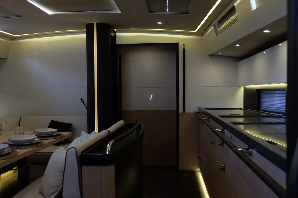 Salon of Premium +, a Beneteau Oceanis Yacht 62 sailboat at Rosignano Solvay, Italy