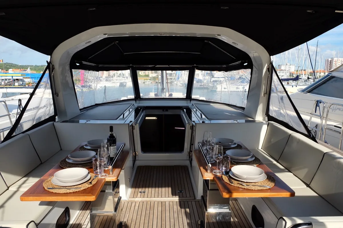 Deck of Premium +, a Beneteau Oceanis Yacht 62 sailboat at Rosignano Solvay, Italy