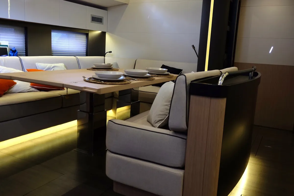 Salon of Premium +, a Beneteau Oceanis Yacht 62 sailboat at Rosignano Solvay, Italy