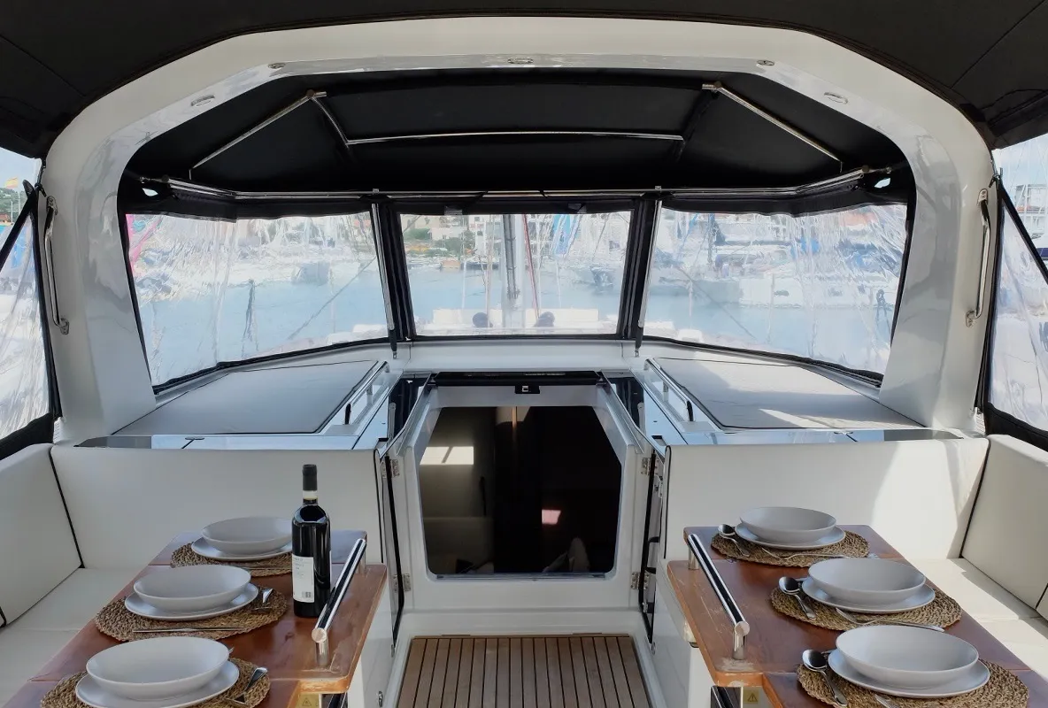 Deck of Premium +, a Beneteau Oceanis Yacht 62 sailboat at Rosignano Solvay, Italy
