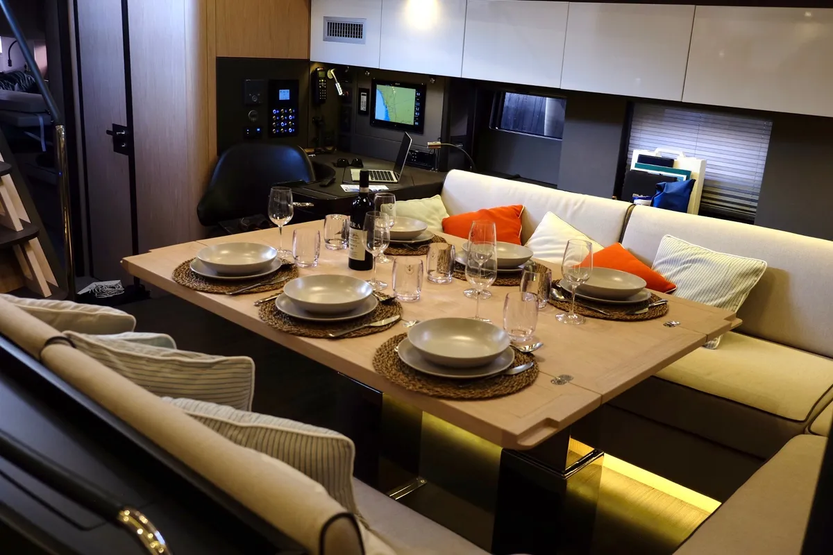 Salon of Premium +, a Beneteau Oceanis Yacht 62 sailboat at Rosignano Solvay, Italy
