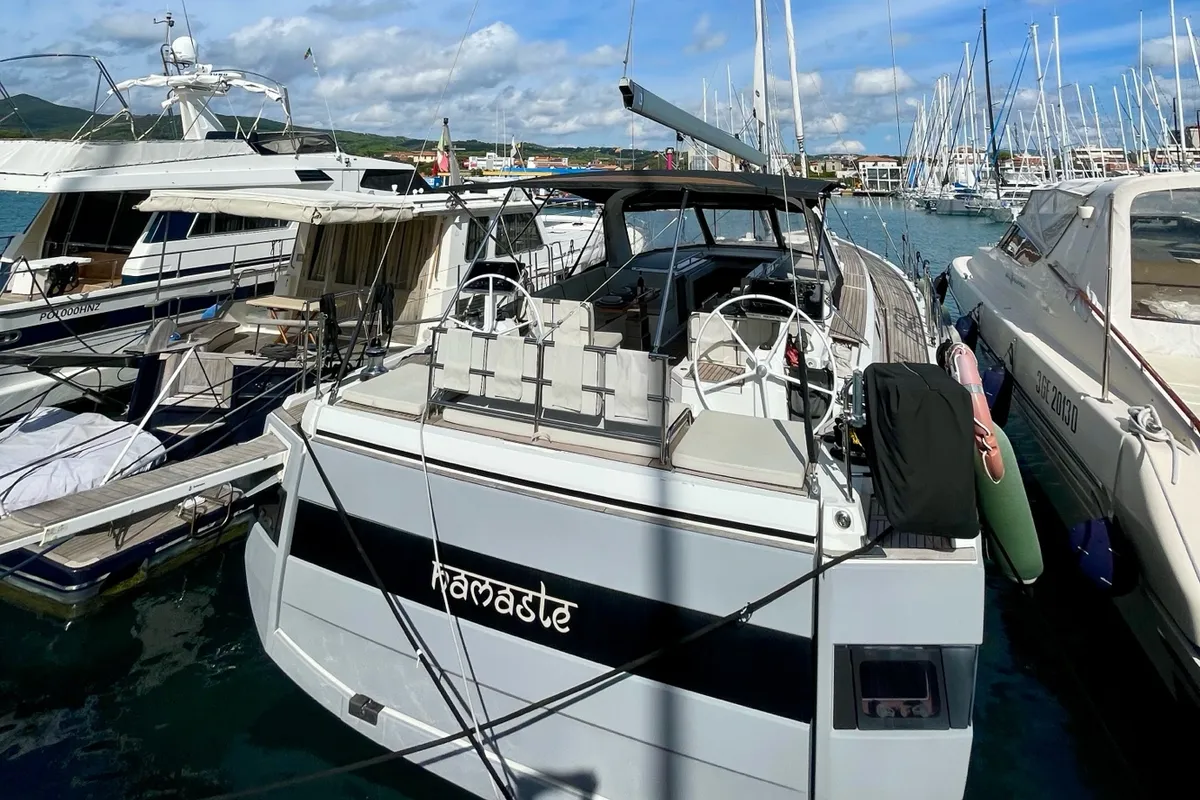 Exterior view of Premium +, a Beneteau Oceanis Yacht 62 sailboat at Rosignano Solvay, Italy