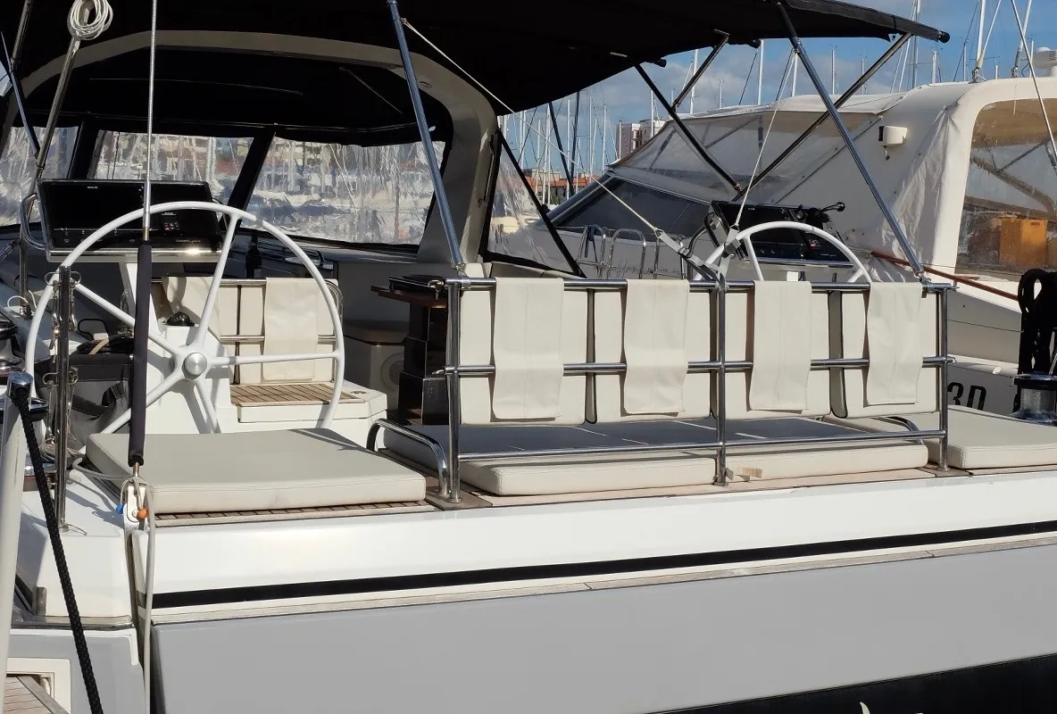 Deck of Premium +, a Beneteau Oceanis Yacht 62 sailboat at Rosignano Solvay, Italy