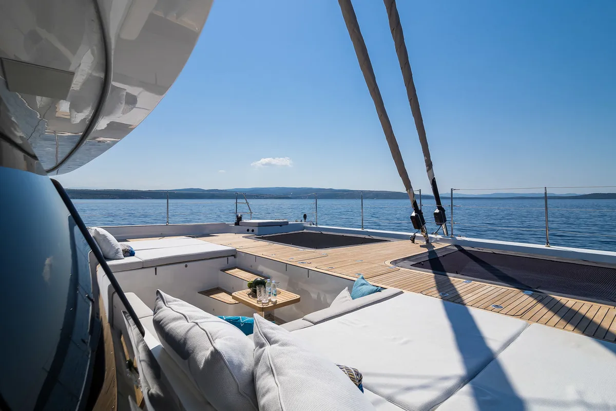 Deck of Vulpino, a Sunreef 60 catamaran at Kaštela, Croatia