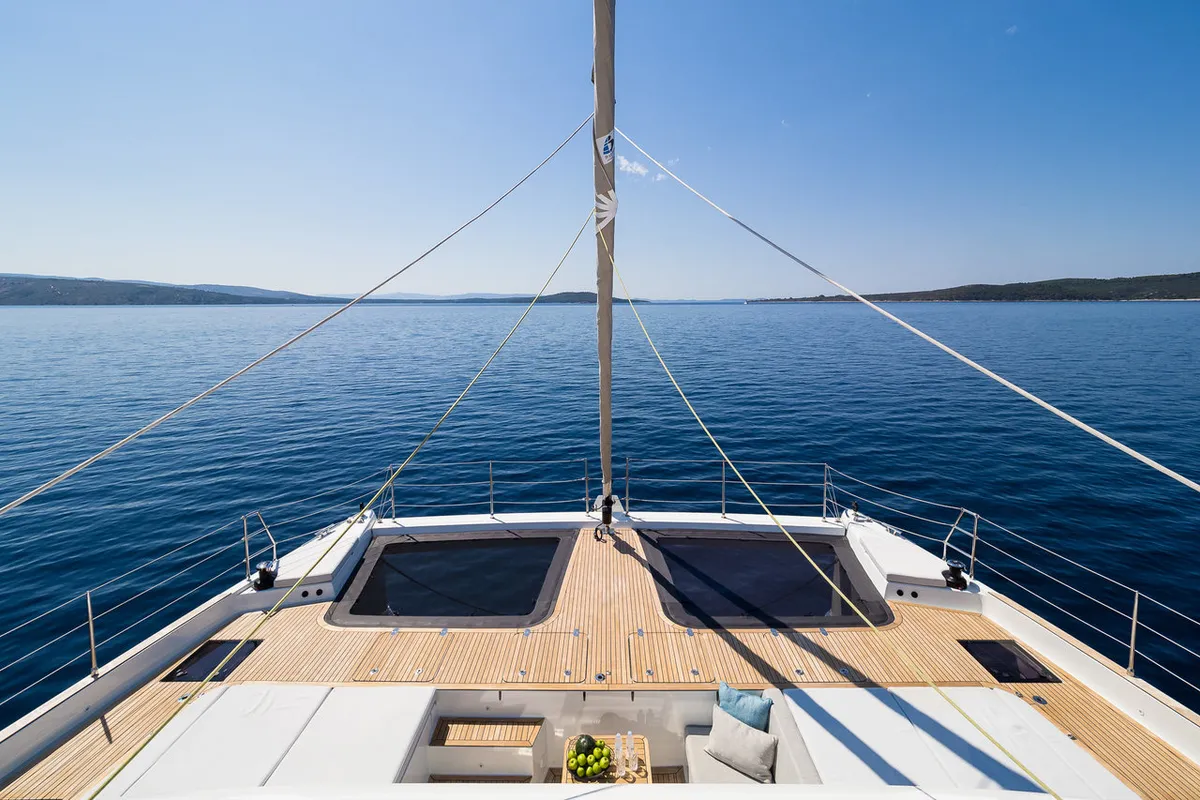 Deck of Vulpino, a Sunreef 60 catamaran at Kaštela, Croatia