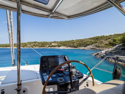 Cockpit of Vulpino, a Sunreef 60 catamaran at Kaštela, Croatia