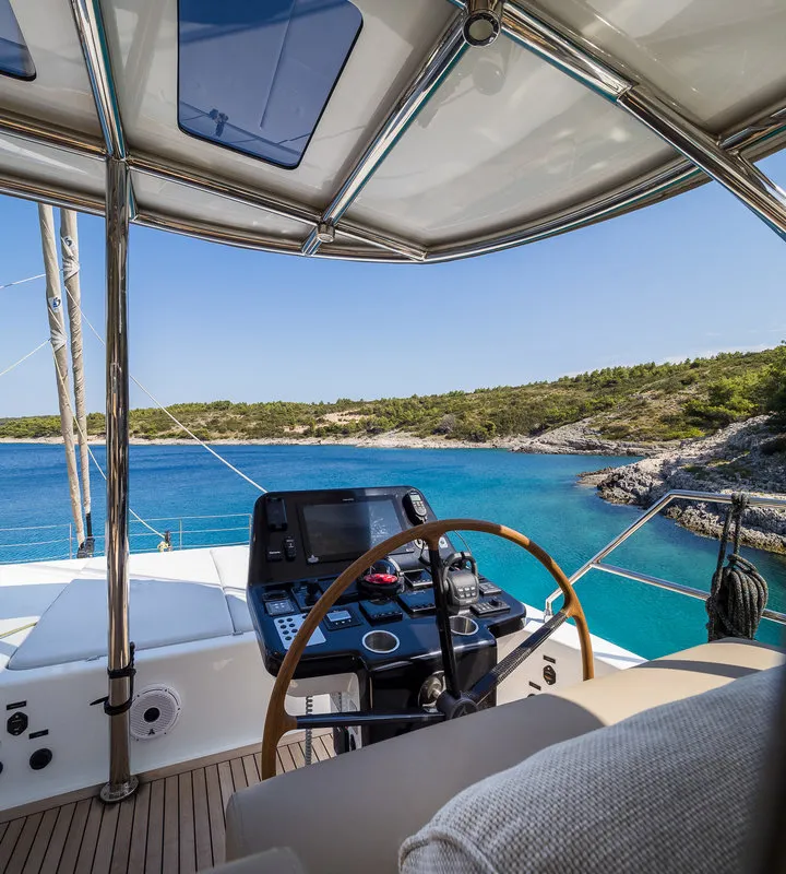 Cockpit of Vulpino, a Sunreef 60 catamaran at Kaštela, Croatia