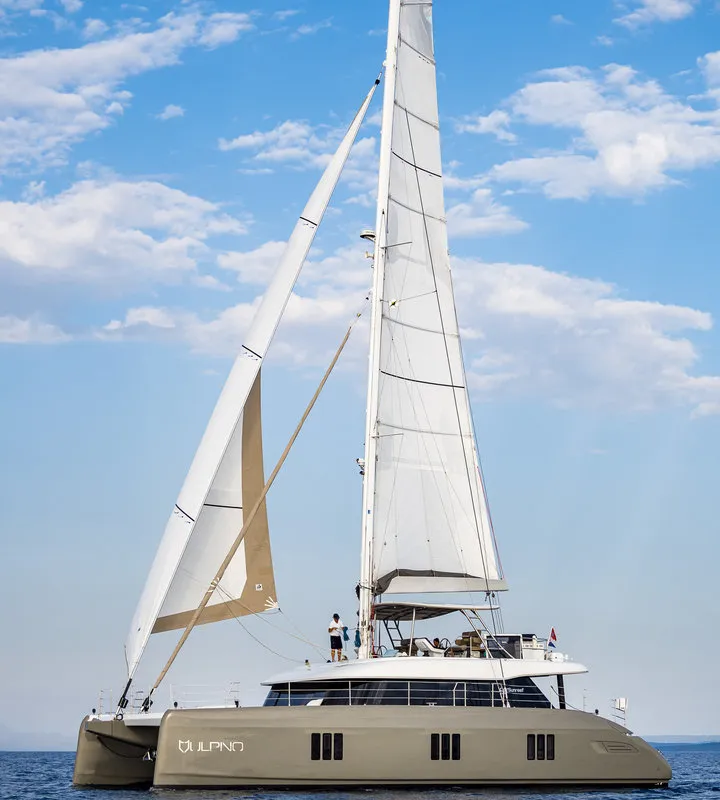 Exterior view of Vulpino, a Sunreef 60 catamaran at Kaštela, Croatia