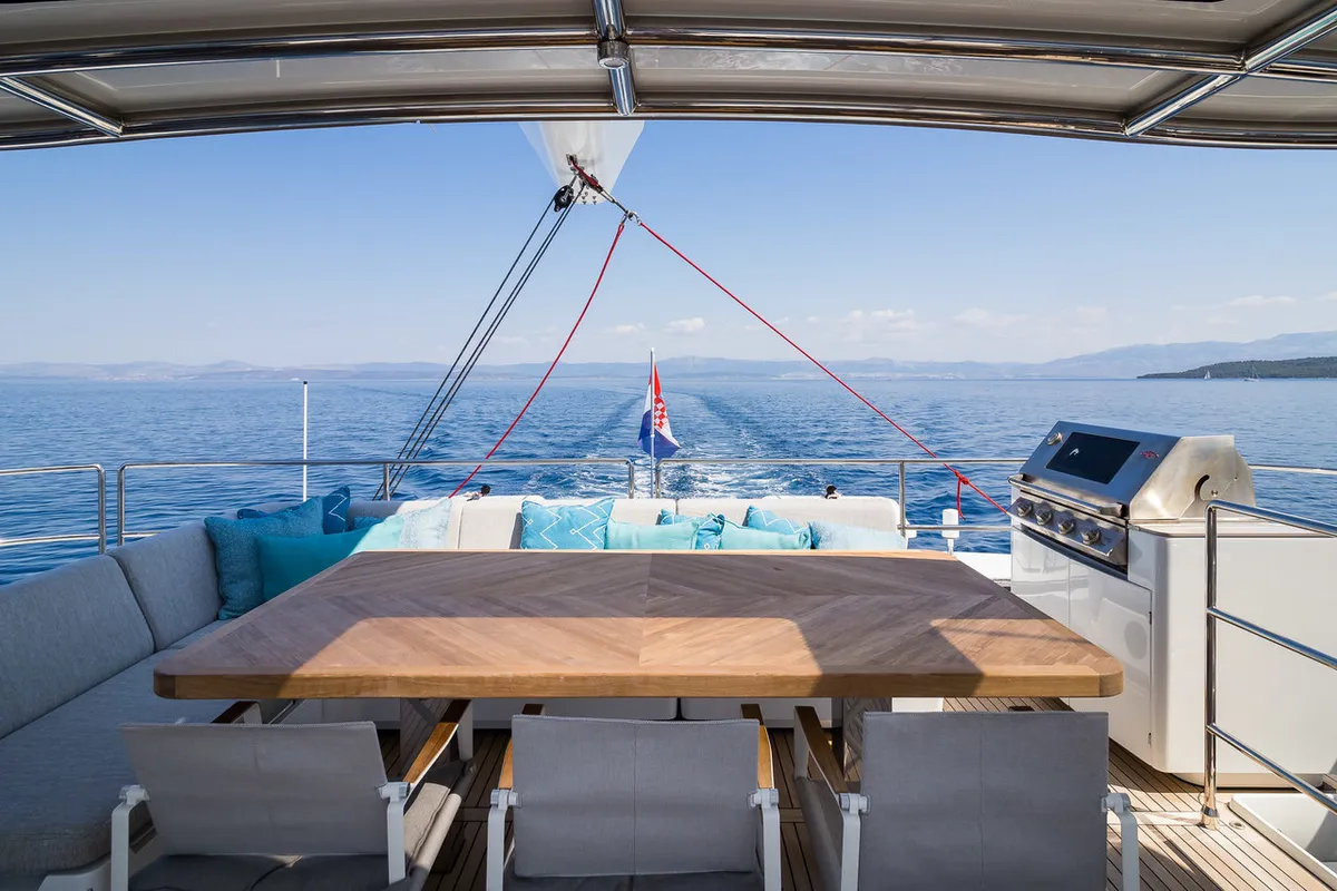 Deck of Vulpino, a Sunreef 60 catamaran at Kaštela, Croatia